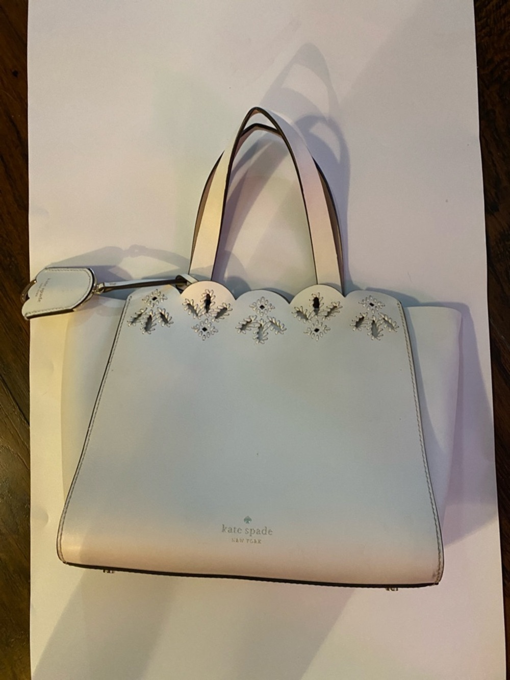 kate spade White Leather Scalloped Top Tote with Cutout Details